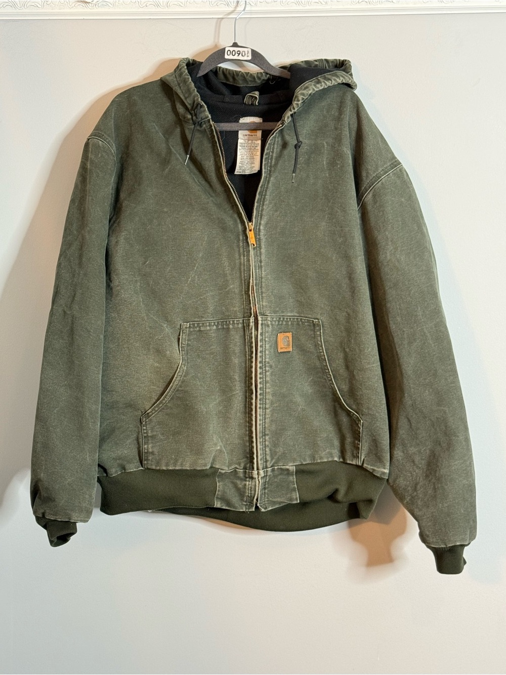 Carhartt Olive Green Hooded Zip-Front Work Jacket Vintage J25 MOS